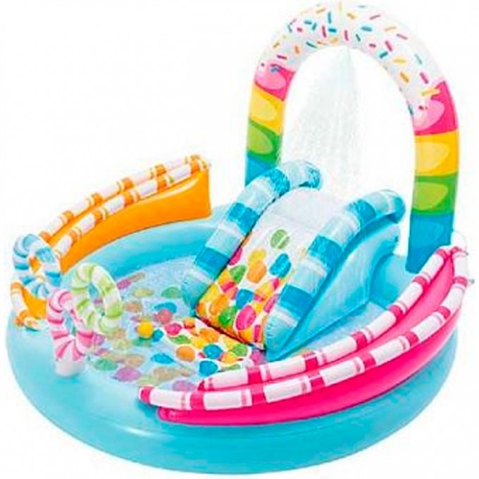 Игровой центр INTEX "СЛАДКАЯ ЗАБАВА", 170х168х122см с разбрызгивателем, горкой и игрушками, 165л, от 2 лет 57144