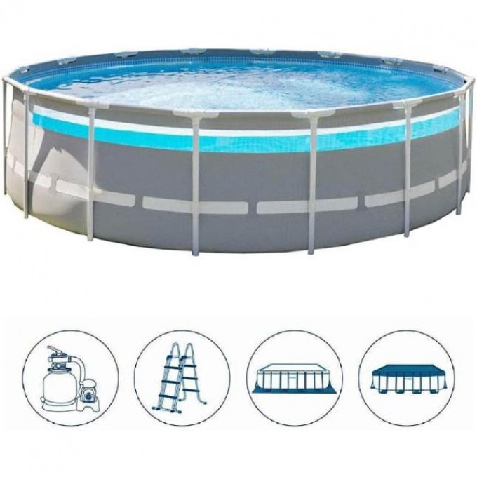Каркасный бассейн INTEX PRISM FRAME CLEARVIEW 488х122см, 19156л, фил.-насос 5678л\ч, лестн., тент, подст., 26730